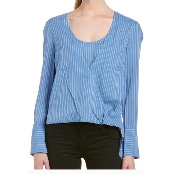 BCBGMAXAZRIA GINEVRA Striped Blue Scoop-Neck Wrap Hi-Lo Long Sleeve Blouse L - Picture 2 of 10